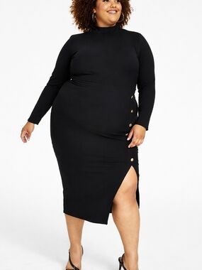 NWT Nina Parker 3X Black Bodycon Midi Dress Gold Button Side Slit Long Sleeve